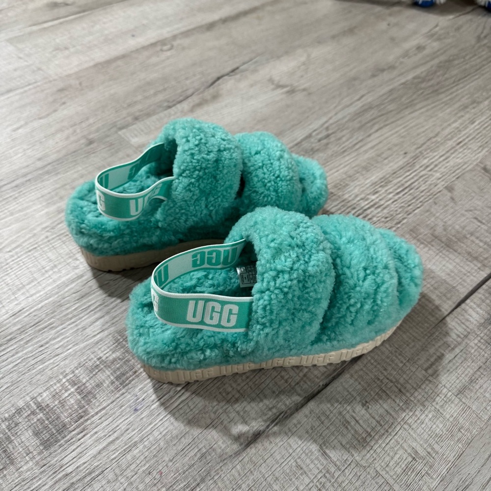 UGG Fluffy Teal Slippers slides platform sandals kids women disco kids funkette